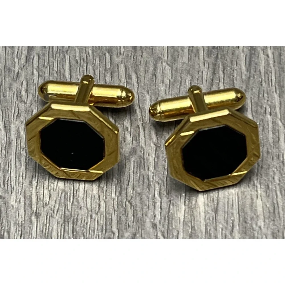 Gold Tone Black Enamel Octagon‎ Cufflinks Mens Dress Shirt Jewelry Classic